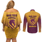 Personalized Brisbane Broncos Couples Matching Off Shoulder Short Dress and Long Sleeve Button Shirt Easter Mascot - Colorful Eggs Cartoon Style