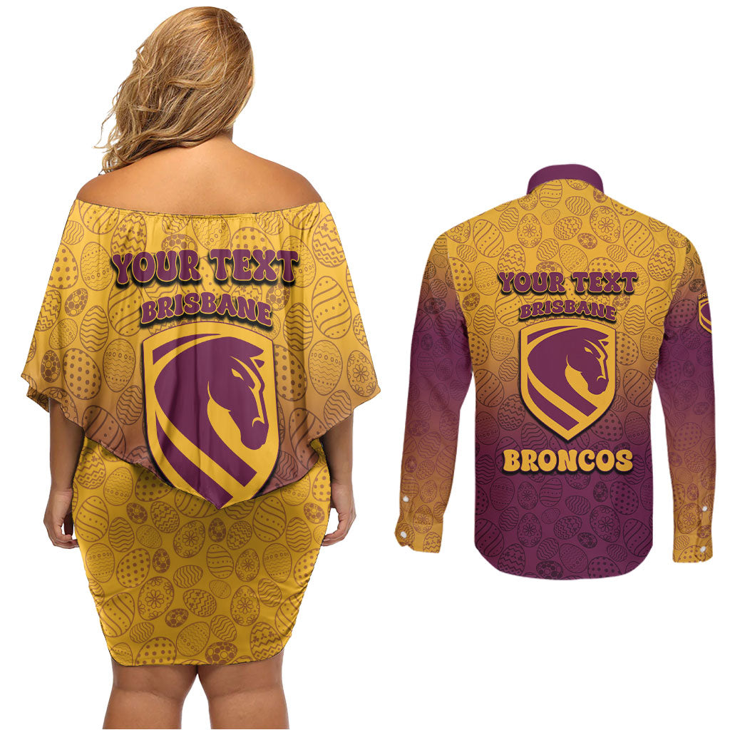 Personalized Brisbane Broncos Couples Matching Off Shoulder Short Dress and Long Sleeve Button Shirt Easter Mascot - Colorful Eggs Cartoon Style
