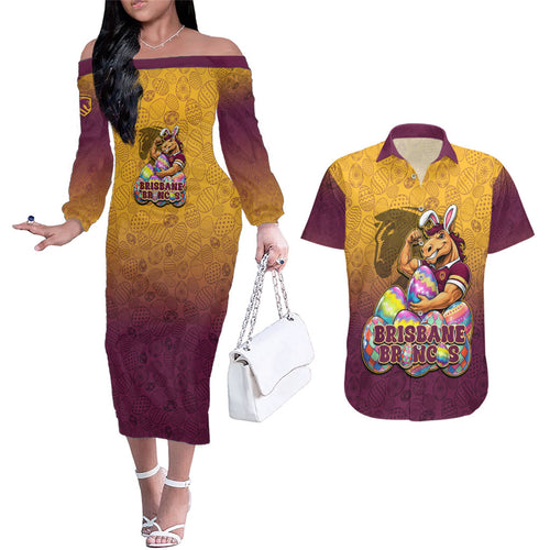 Personalized Brisbane Broncos Couples Matching Off The Shoulder Long Sleeve Dress and Hawaiian Shirt Easter Mascot - Colorful Eggs Cartoon Style