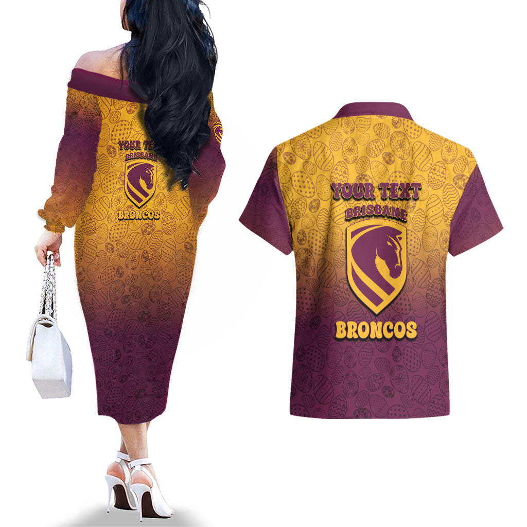 Personalized Brisbane Broncos Couples Matching Off The Shoulder Long Sleeve Dress and Hawaiian Shirt Easter Mascot - Colorful Eggs Cartoon Style