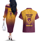 Personalized Brisbane Broncos Couples Matching Off The Shoulder Long Sleeve Dress and Hawaiian Shirt Easter Mascot - Colorful Eggs Cartoon Style