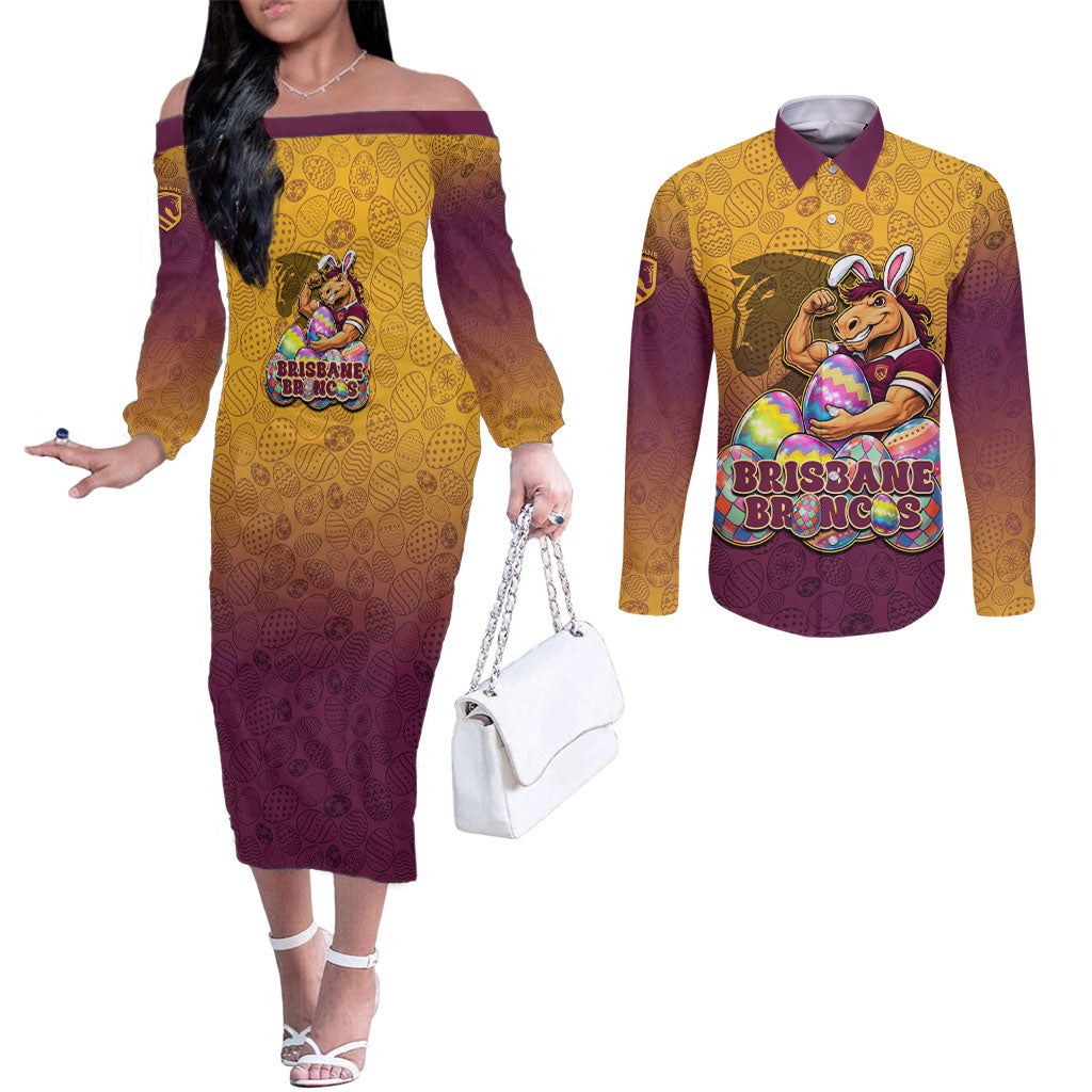 Personalized Brisbane Broncos Couples Matching Off The Shoulder Long Sleeve Dress and Long Sleeve Button Shirt Easter Mascot - Colorful Eggs Cartoon Style