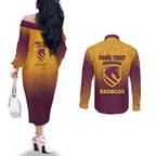 Personalized Brisbane Broncos Couples Matching Off The Shoulder Long Sleeve Dress and Long Sleeve Button Shirt Easter Mascot - Colorful Eggs Cartoon Style