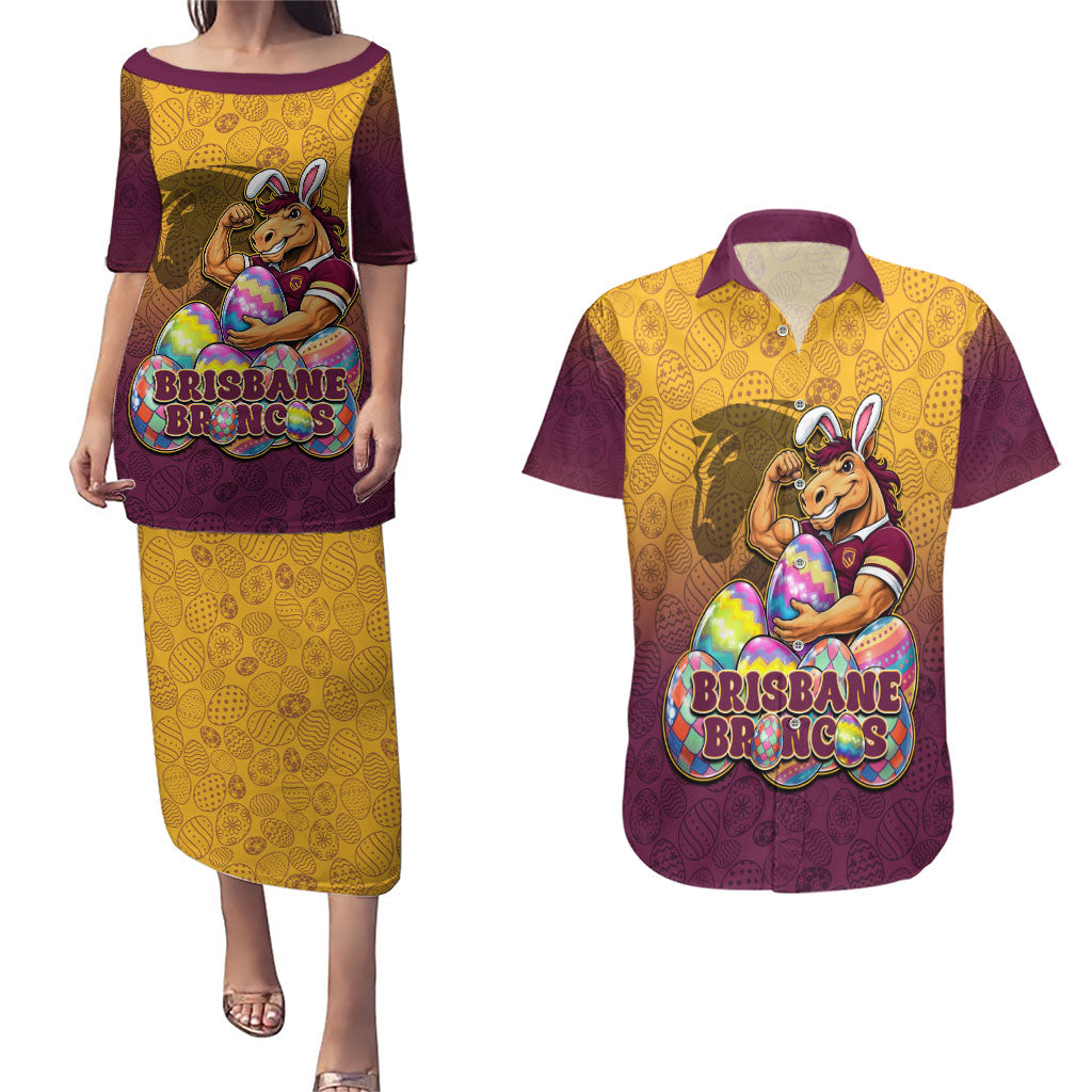 Personalized Brisbane Broncos Couples Matching Puletasi and Hawaiian Shirt Easter Mascot - Colorful Eggs Cartoon Style