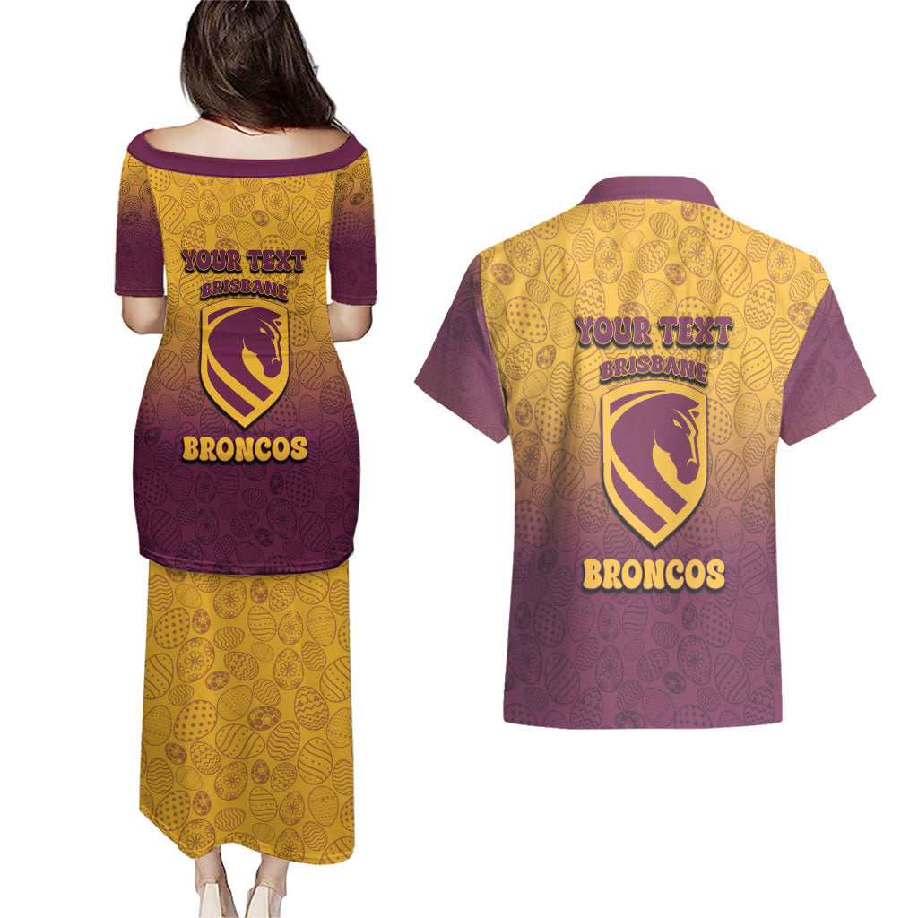 Personalized Brisbane Broncos Couples Matching Puletasi and Hawaiian Shirt Easter Mascot - Colorful Eggs Cartoon Style