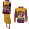 Personalized Brisbane Broncos Couples Matching Puletasi and Long Sleeve Button Shirt Easter Mascot - Colorful Eggs Cartoon Style