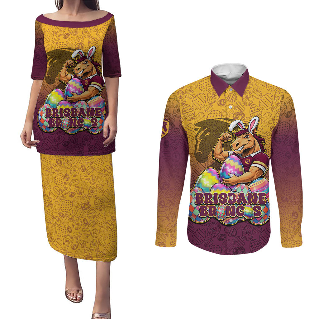 Personalized Brisbane Broncos Couples Matching Puletasi and Long Sleeve Button Shirt Easter Mascot - Colorful Eggs Cartoon Style