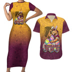 Personalized Brisbane Broncos Couples Matching Short Sleeve Bodycon Dress and Hawaiian Shirt Easter Mascot - Colorful Eggs Cartoon Style