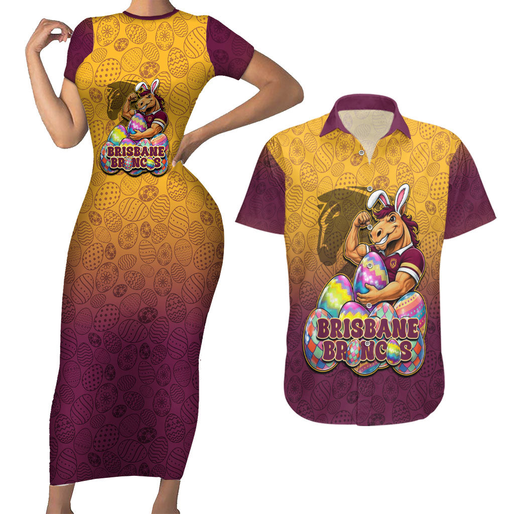 Personalized Brisbane Broncos Couples Matching Short Sleeve Bodycon Dress and Hawaiian Shirt Easter Mascot - Colorful Eggs Cartoon Style