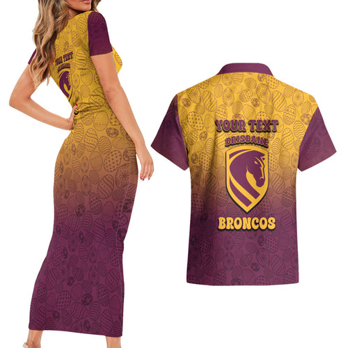 Personalized Brisbane Broncos Couples Matching Short Sleeve Bodycon Dress and Hawaiian Shirt Easter Mascot - Colorful Eggs Cartoon Style