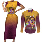 Personalized Brisbane Broncos Couples Matching Short Sleeve Bodycon Dress and Long Sleeve Button Shirt Easter Mascot - Colorful Eggs Cartoon Style