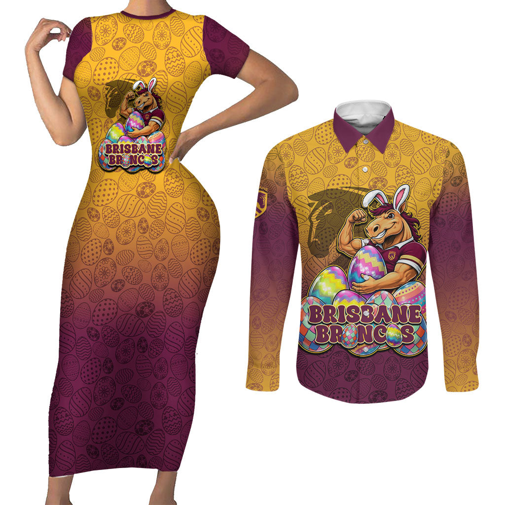 Personalized Brisbane Broncos Couples Matching Short Sleeve Bodycon Dress and Long Sleeve Button Shirt Easter Mascot - Colorful Eggs Cartoon Style