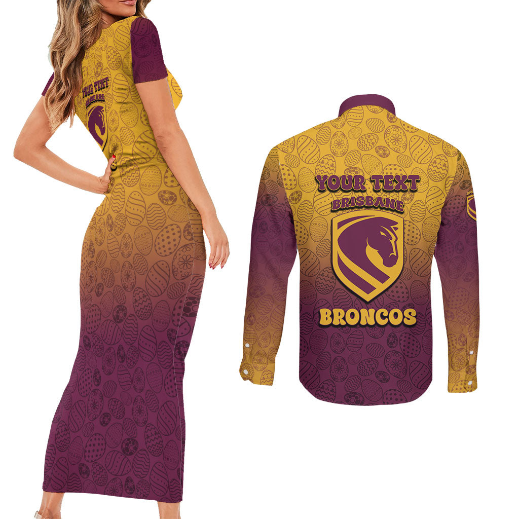 Personalized Brisbane Broncos Couples Matching Short Sleeve Bodycon Dress and Long Sleeve Button Shirt Easter Mascot - Colorful Eggs Cartoon Style
