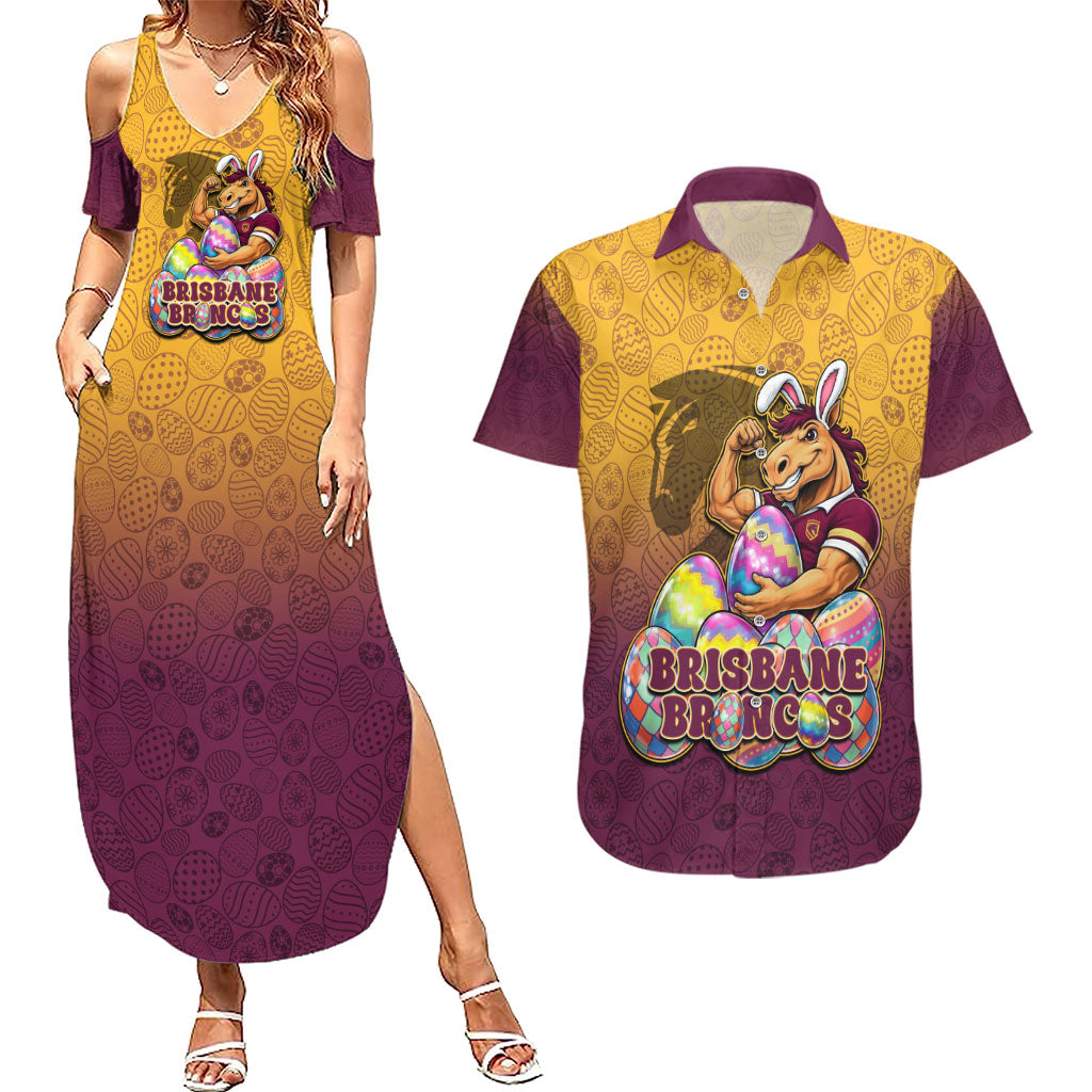 Personalized Brisbane Broncos Couples Matching Summer Maxi Dress and Hawaiian Shirt Easter Mascot - Colorful Eggs Cartoon Style