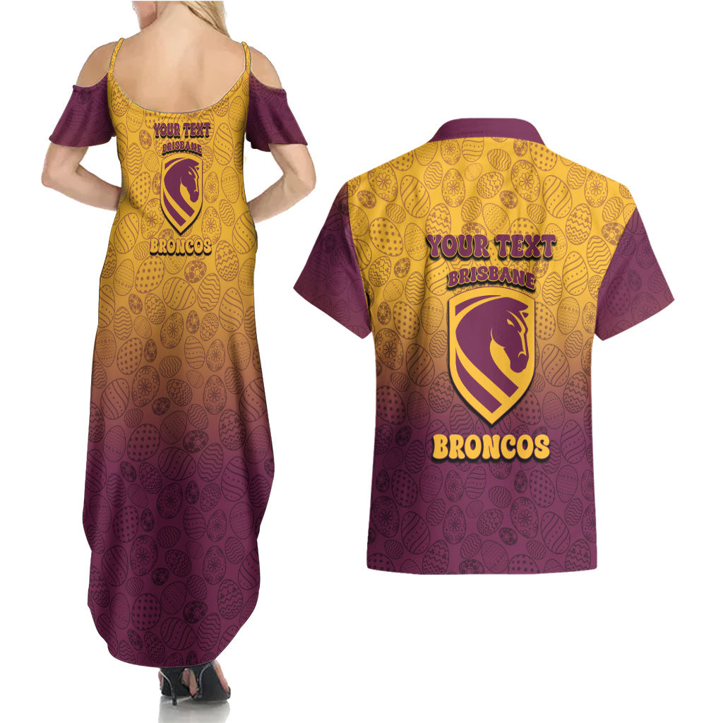 Personalized Brisbane Broncos Couples Matching Summer Maxi Dress and Hawaiian Shirt Easter Mascot - Colorful Eggs Cartoon Style