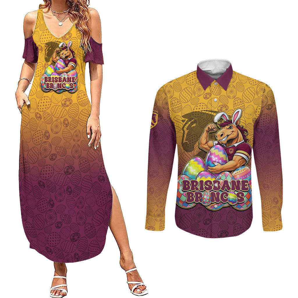 Personalized Brisbane Broncos Couples Matching Summer Maxi Dress and Long Sleeve Button Shirt Easter Mascot - Colorful Eggs Cartoon Style