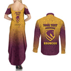 Personalized Brisbane Broncos Couples Matching Summer Maxi Dress and Long Sleeve Button Shirt Easter Mascot - Colorful Eggs Cartoon Style
