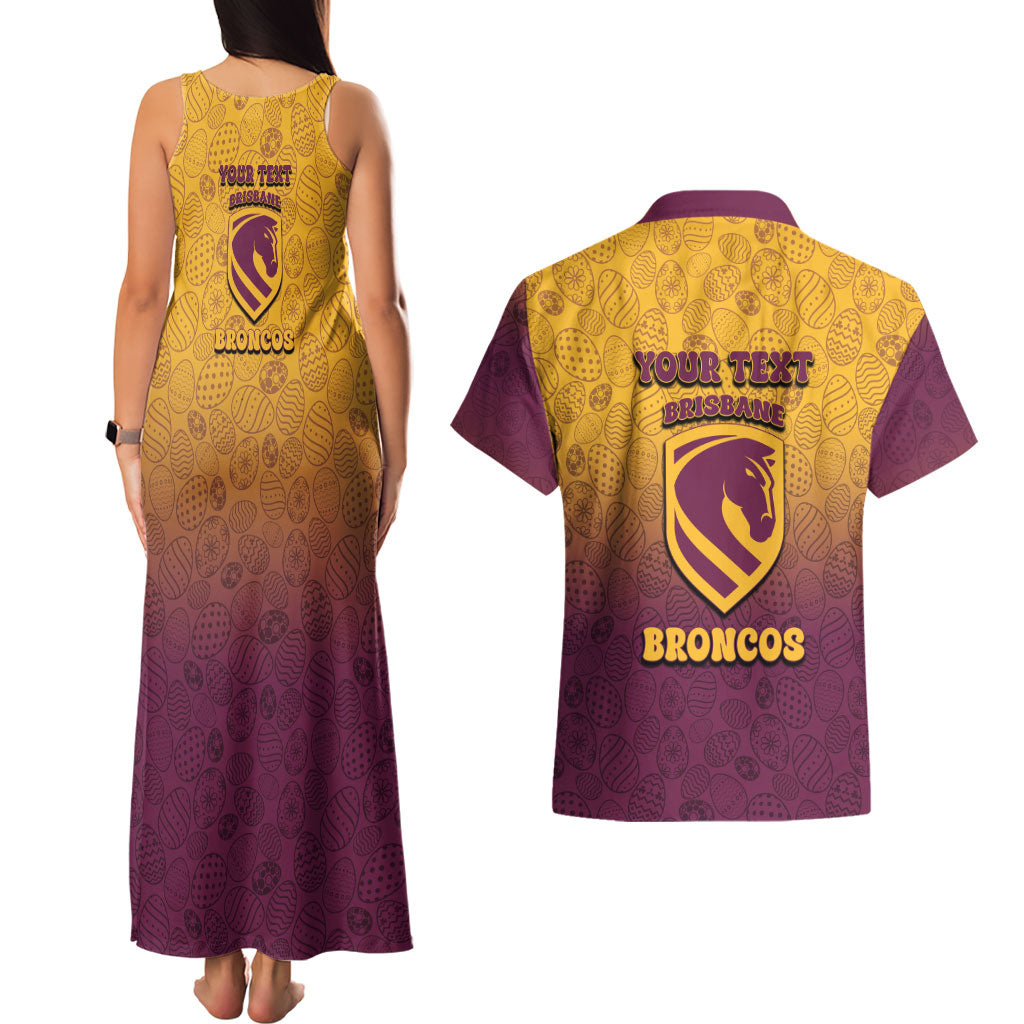 Personalized Brisbane Broncos Couples Matching Tank Maxi Dress and Hawaiian Shirt Easter Mascot - Colorful Eggs Cartoon Style