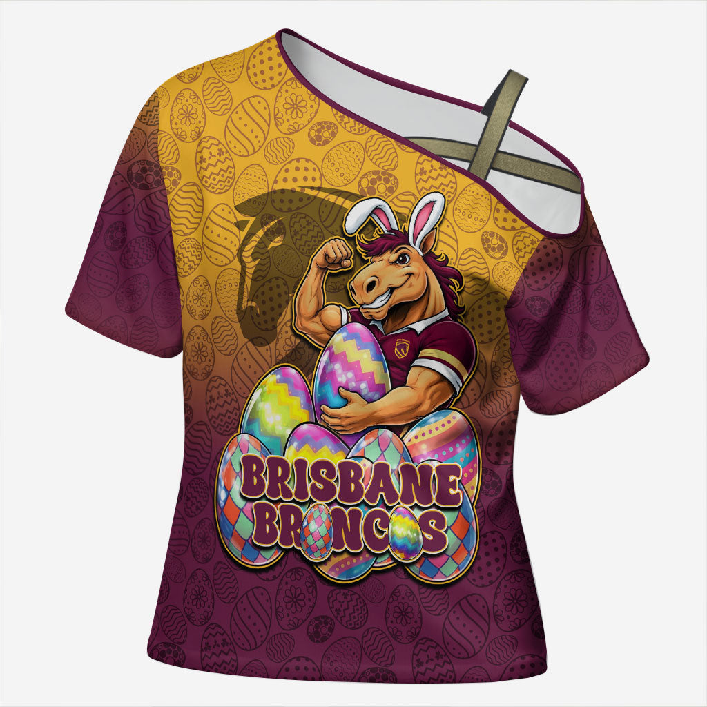Personalized Brisbane Broncos Cross Shoulder Shirt Easter Mascot - Colorful Eggs Cartoon Style