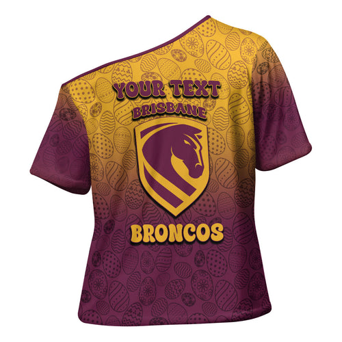 Personalized Brisbane Broncos Cross Shoulder Shirt Easter Mascot - Colorful Eggs Cartoon Style