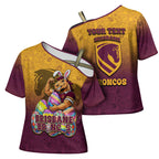 Personalized Brisbane Broncos Cross Shoulder Shirt Easter Mascot - Colorful Eggs Cartoon Style