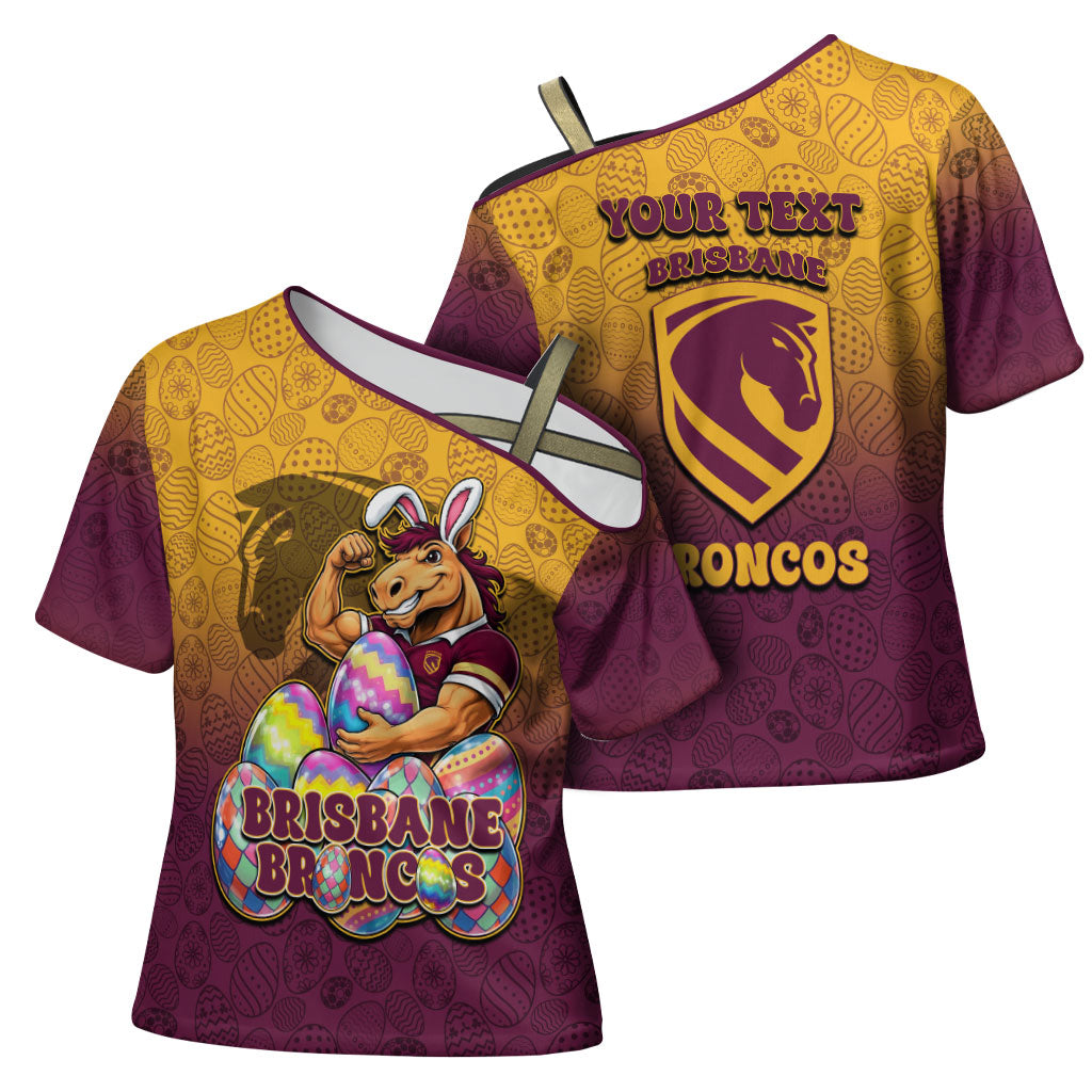 Personalized Brisbane Broncos Cross Shoulder Shirt Easter Mascot - Colorful Eggs Cartoon Style