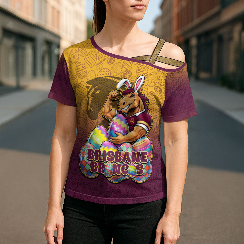 Personalized Brisbane Broncos Cross Shoulder Shirt Easter Mascot - Colorful Eggs Cartoon Style