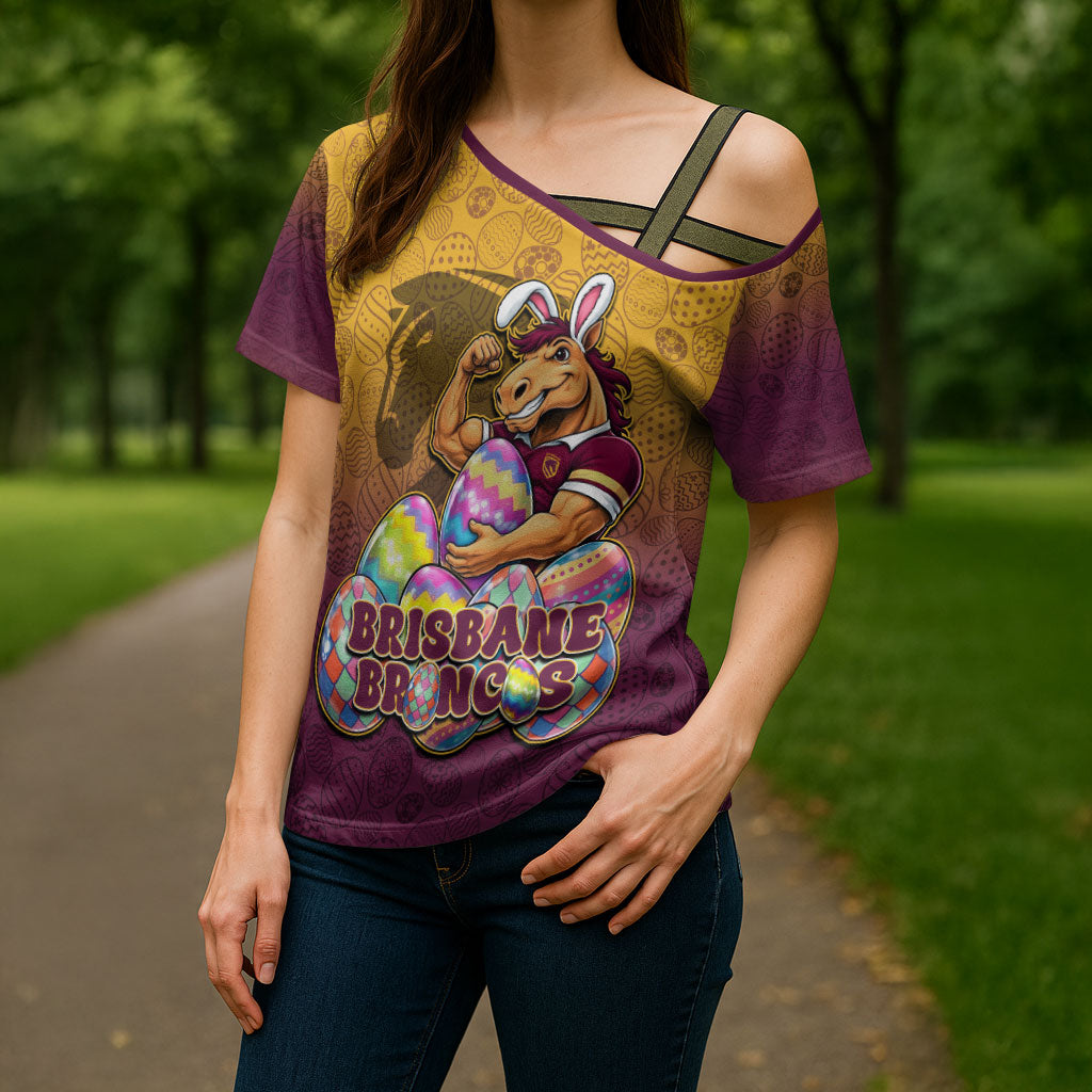 Personalized Brisbane Broncos Cross Shoulder Shirt Easter Mascot - Colorful Eggs Cartoon Style