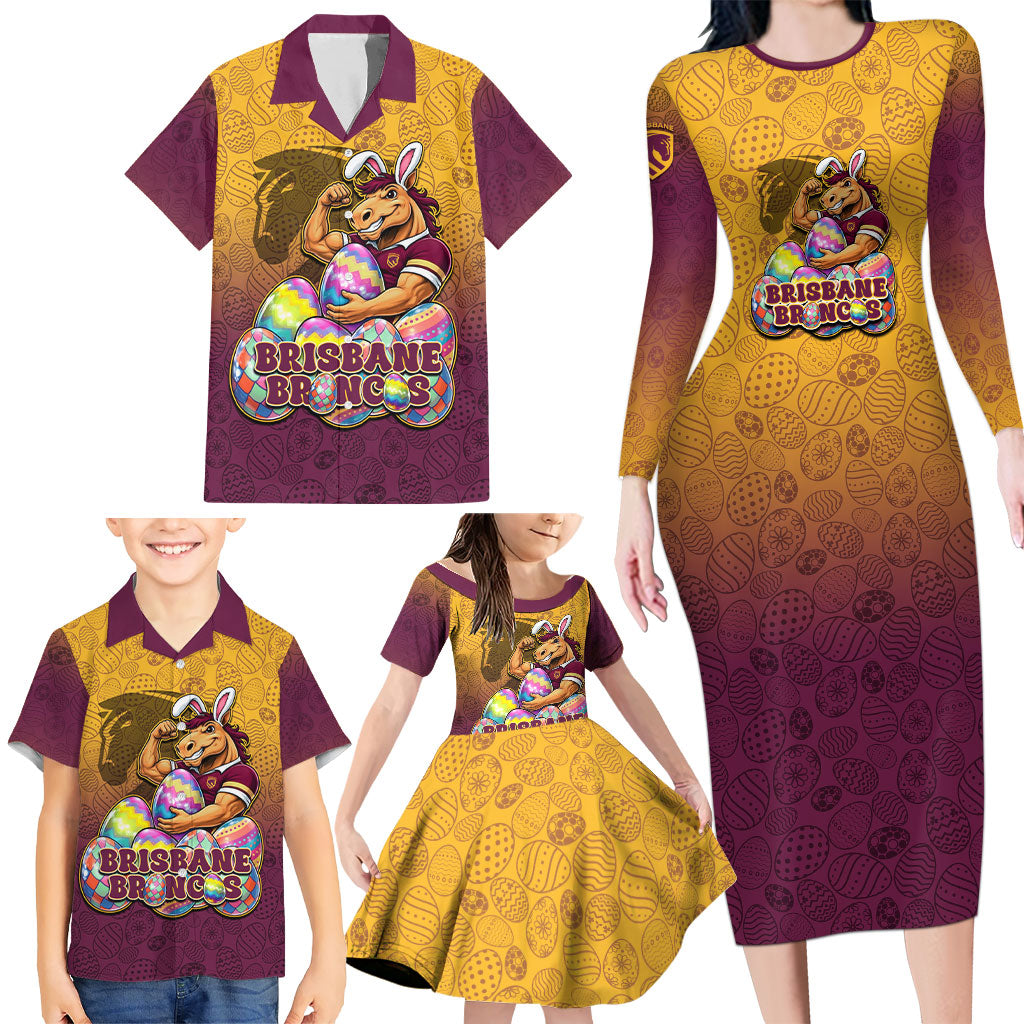 Personalized Brisbane Broncos Family Matching Long Sleeve Bodycon Dress and Hawaiian Shirt Easter Mascot - Colorful Eggs Cartoon Style