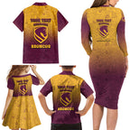 Personalized Brisbane Broncos Family Matching Long Sleeve Bodycon Dress and Hawaiian Shirt Easter Mascot - Colorful Eggs Cartoon Style