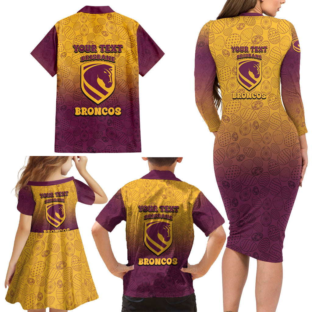 Personalized Brisbane Broncos Family Matching Long Sleeve Bodycon Dress and Hawaiian Shirt Easter Mascot - Colorful Eggs Cartoon Style