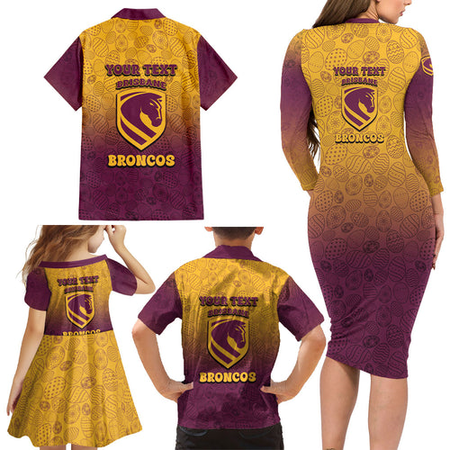 Personalized Brisbane Broncos Family Matching Long Sleeve Bodycon Dress and Hawaiian Shirt Easter Mascot - Colorful Eggs Cartoon Style
