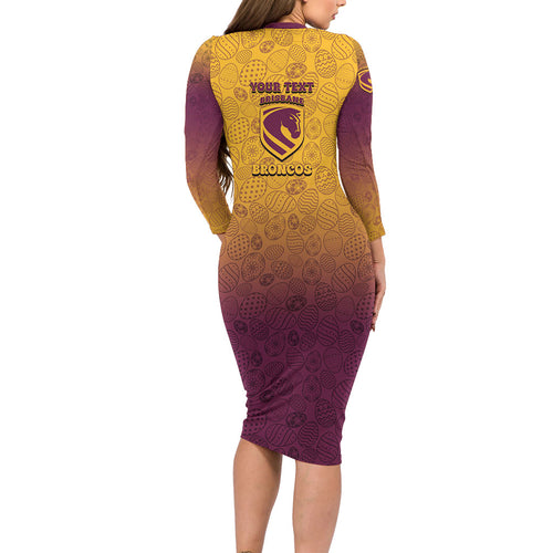 Personalized Brisbane Broncos Family Matching Long Sleeve Bodycon Dress and Hawaiian Shirt Easter Mascot - Colorful Eggs Cartoon Style