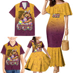 Personalized Brisbane Broncos Family Matching Mermaid Dress and Hawaiian Shirt Easter Mascot - Colorful Eggs Cartoon Style