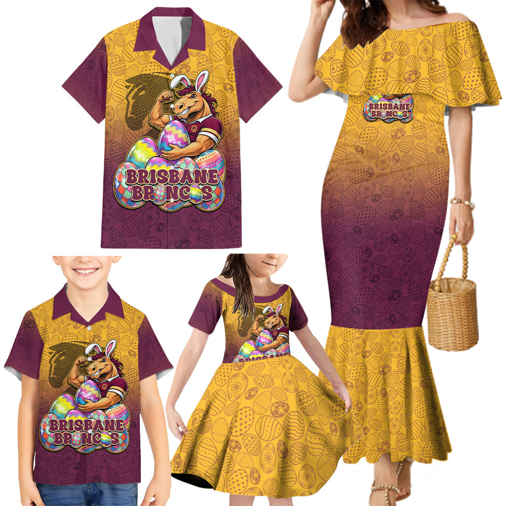 Personalized Brisbane Broncos Family Matching Mermaid Dress and Hawaiian Shirt Easter Mascot - Colorful Eggs Cartoon Style