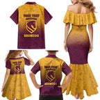 Personalized Brisbane Broncos Family Matching Mermaid Dress and Hawaiian Shirt Easter Mascot - Colorful Eggs Cartoon Style