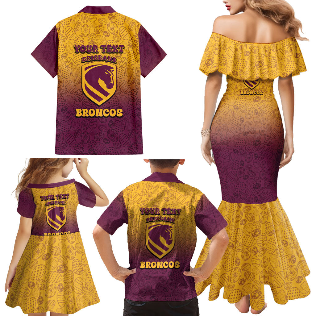 Personalized Brisbane Broncos Family Matching Mermaid Dress and Hawaiian Shirt Easter Mascot - Colorful Eggs Cartoon Style