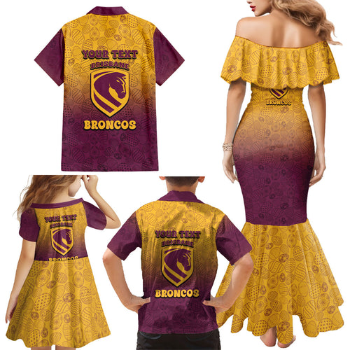 Personalized Brisbane Broncos Family Matching Mermaid Dress and Hawaiian Shirt Easter Mascot - Colorful Eggs Cartoon Style