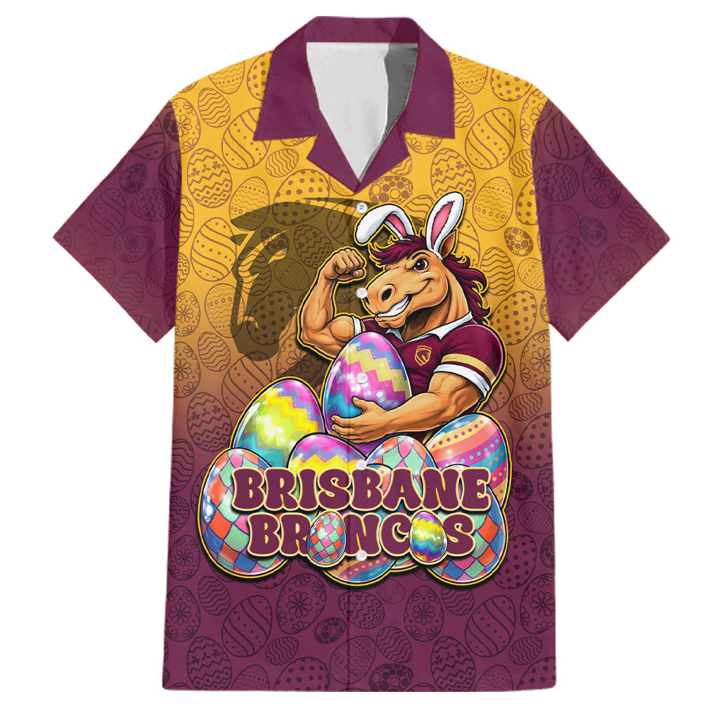 Personalized Brisbane Broncos Family Matching Mermaid Dress and Hawaiian Shirt Easter Mascot - Colorful Eggs Cartoon Style