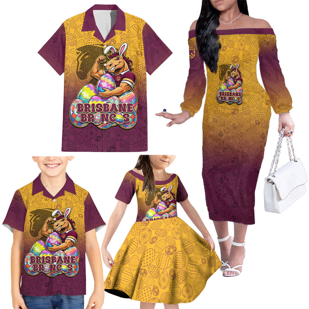 Personalized Brisbane Broncos Family Matching Off The Shoulder Long Sleeve Dress and Hawaiian Shirt Easter Mascot - Colorful Eggs Cartoon Style