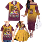 Personalized Brisbane Broncos Family Matching Off The Shoulder Long Sleeve Dress and Hawaiian Shirt Easter Mascot - Colorful Eggs Cartoon Style