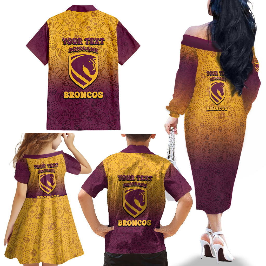 Personalized Brisbane Broncos Family Matching Off The Shoulder Long Sleeve Dress and Hawaiian Shirt Easter Mascot - Colorful Eggs Cartoon Style