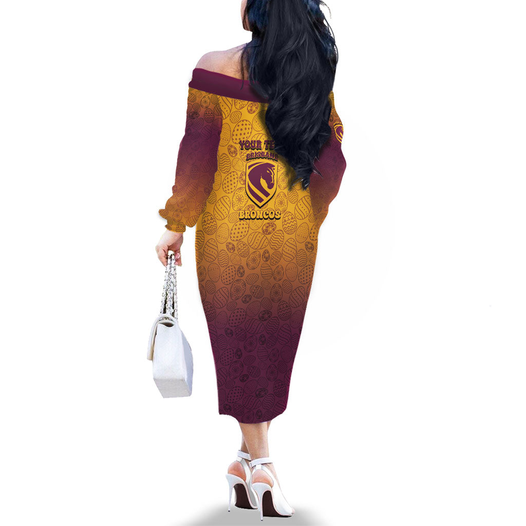 Personalized Brisbane Broncos Family Matching Off The Shoulder Long Sleeve Dress and Hawaiian Shirt Easter Mascot - Colorful Eggs Cartoon Style