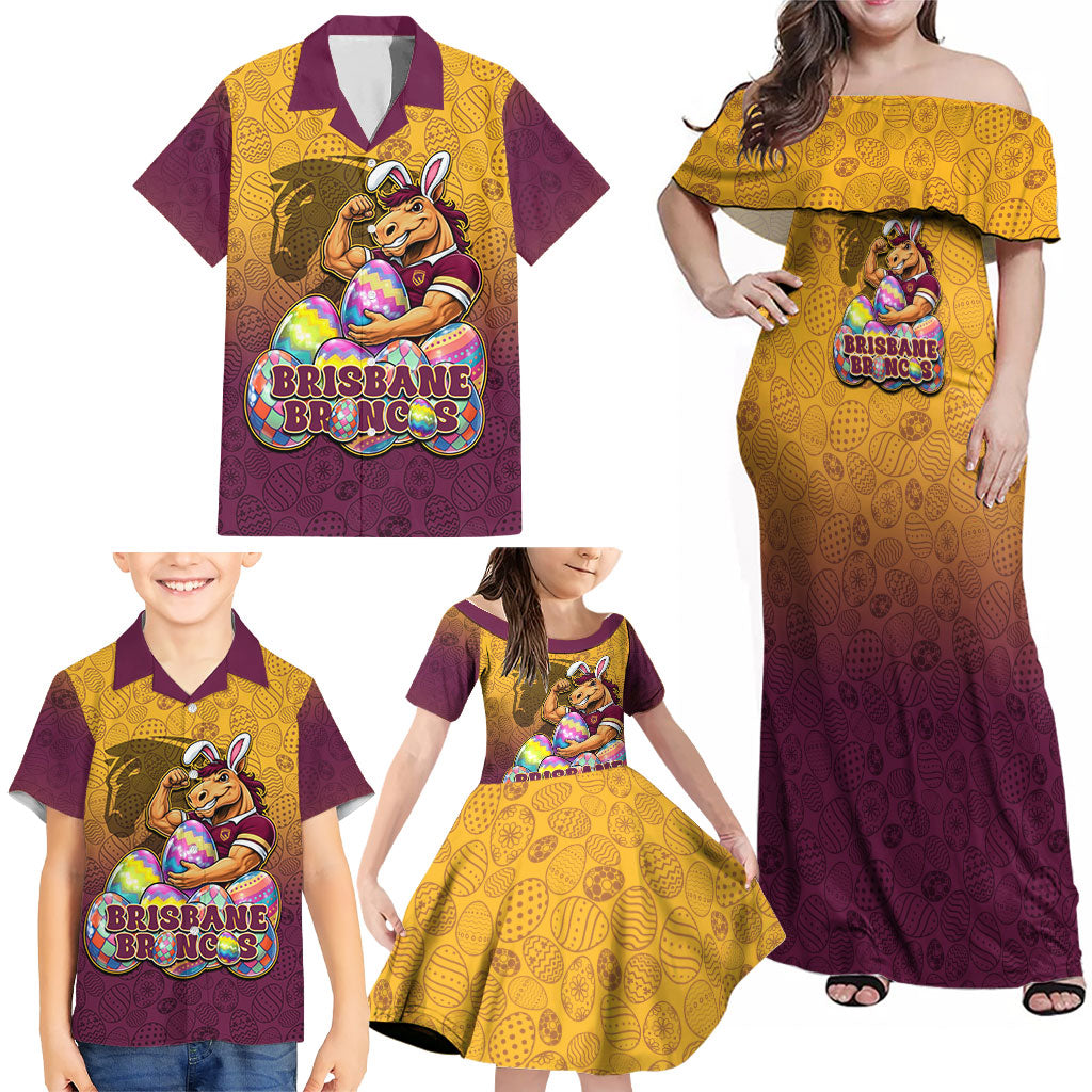 Personalized Brisbane Broncos Family Matching Off Shoulder Maxi Dress and Hawaiian Shirt Easter Mascot - Colorful Eggs Cartoon Style