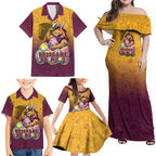 Personalized Brisbane Broncos Family Matching Off Shoulder Maxi Dress and Hawaiian Shirt Easter Mascot - Colorful Eggs Cartoon Style
