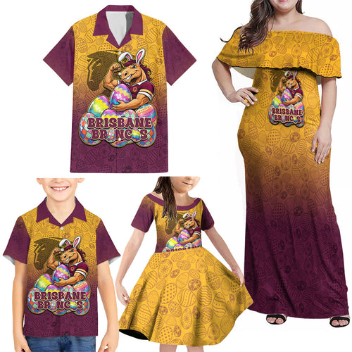Personalized Brisbane Broncos Family Matching Off Shoulder Maxi Dress and Hawaiian Shirt Easter Mascot - Colorful Eggs Cartoon Style
