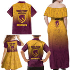 Personalized Brisbane Broncos Family Matching Off Shoulder Maxi Dress and Hawaiian Shirt Easter Mascot - Colorful Eggs Cartoon Style