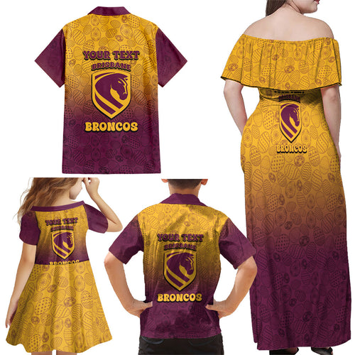 Personalized Brisbane Broncos Family Matching Off Shoulder Maxi Dress and Hawaiian Shirt Easter Mascot - Colorful Eggs Cartoon Style