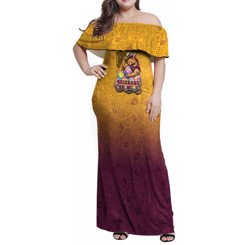 Personalized Brisbane Broncos Family Matching Off Shoulder Maxi Dress and Hawaiian Shirt Easter Mascot - Colorful Eggs Cartoon Style