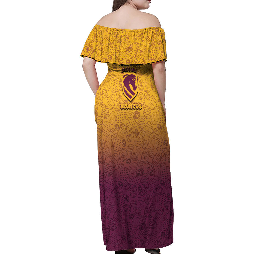 Personalized Brisbane Broncos Family Matching Off Shoulder Maxi Dress and Hawaiian Shirt Easter Mascot - Colorful Eggs Cartoon Style